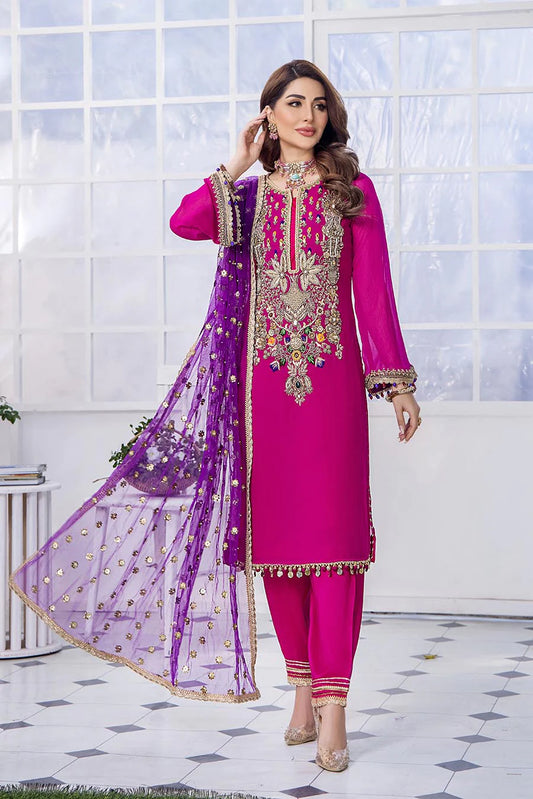 Royal Pink Hand Embroidered Chiffon Pret