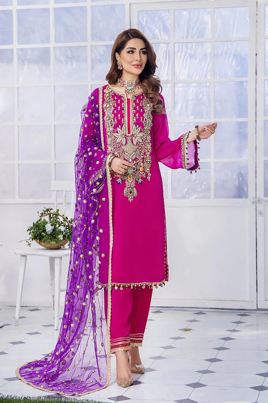 Royal Pink Hand Embroidered Chiffon Pret