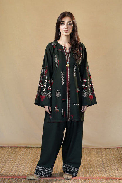 Hunter Green Embroidered Slub Khaddar Online in Dubai UAE Abudhabi Ajman Sharjah