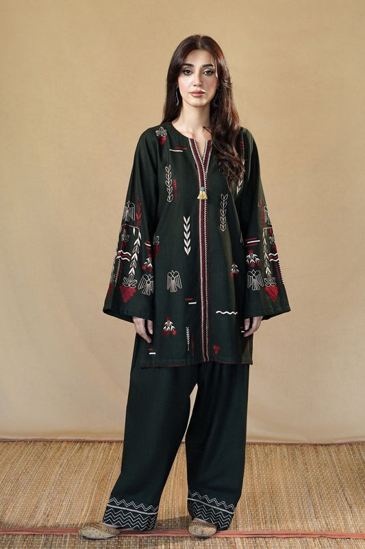 Hunter Green Embroidered Slub Khaddar Online in Dubai UAE Abudhabi Ajman Sharjah