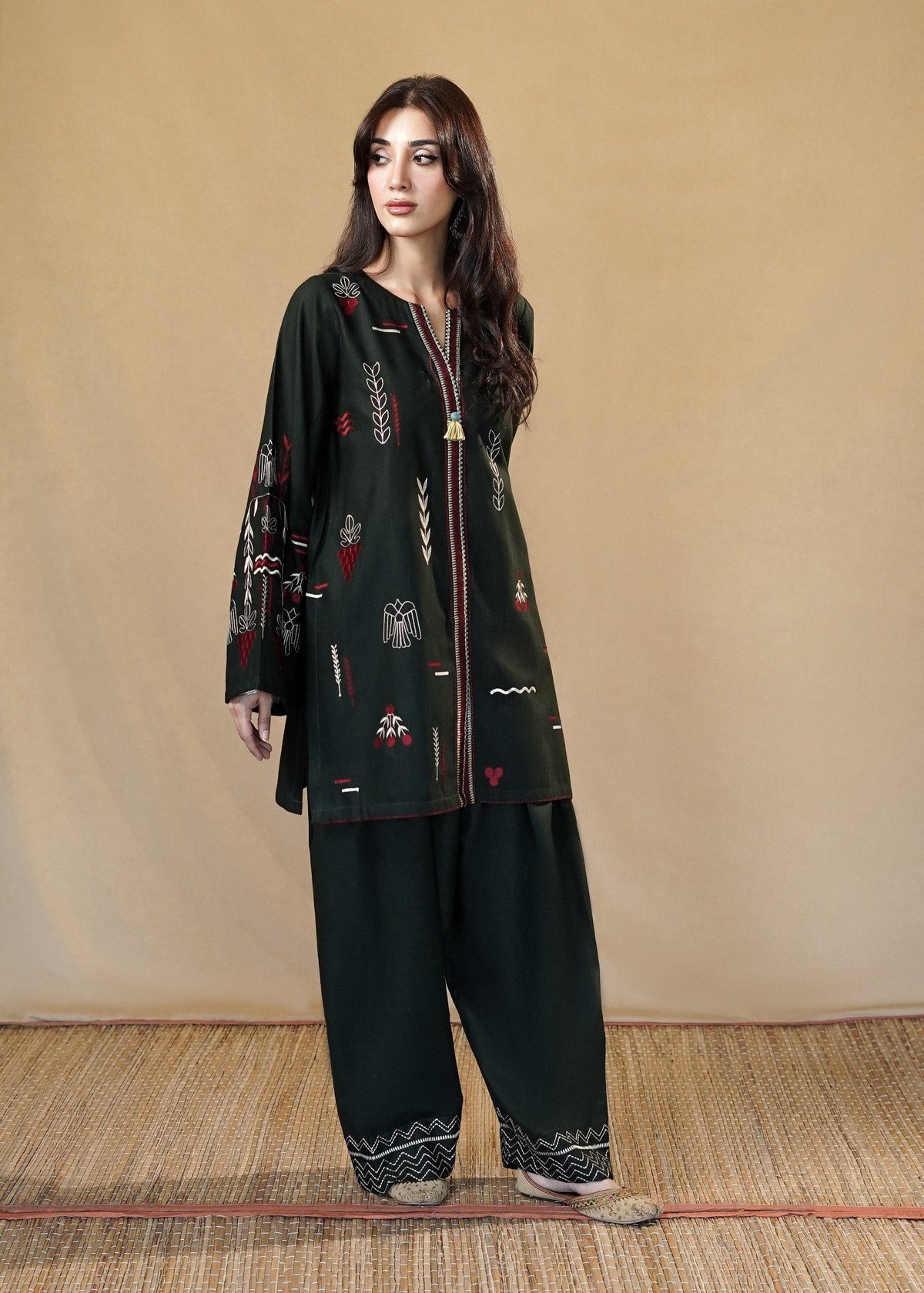 Hunter Green Slub Khaddar Stitched Kurta Set Online in UK USA Canada