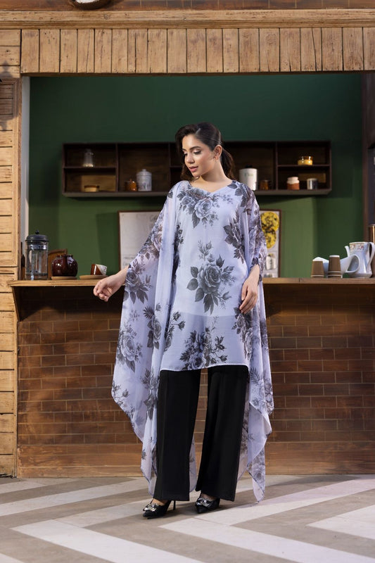 Ice Blue Chiffon Cape Style Kaftan Set Online in Dubai UAE Abudhabi Ajman Sharjah