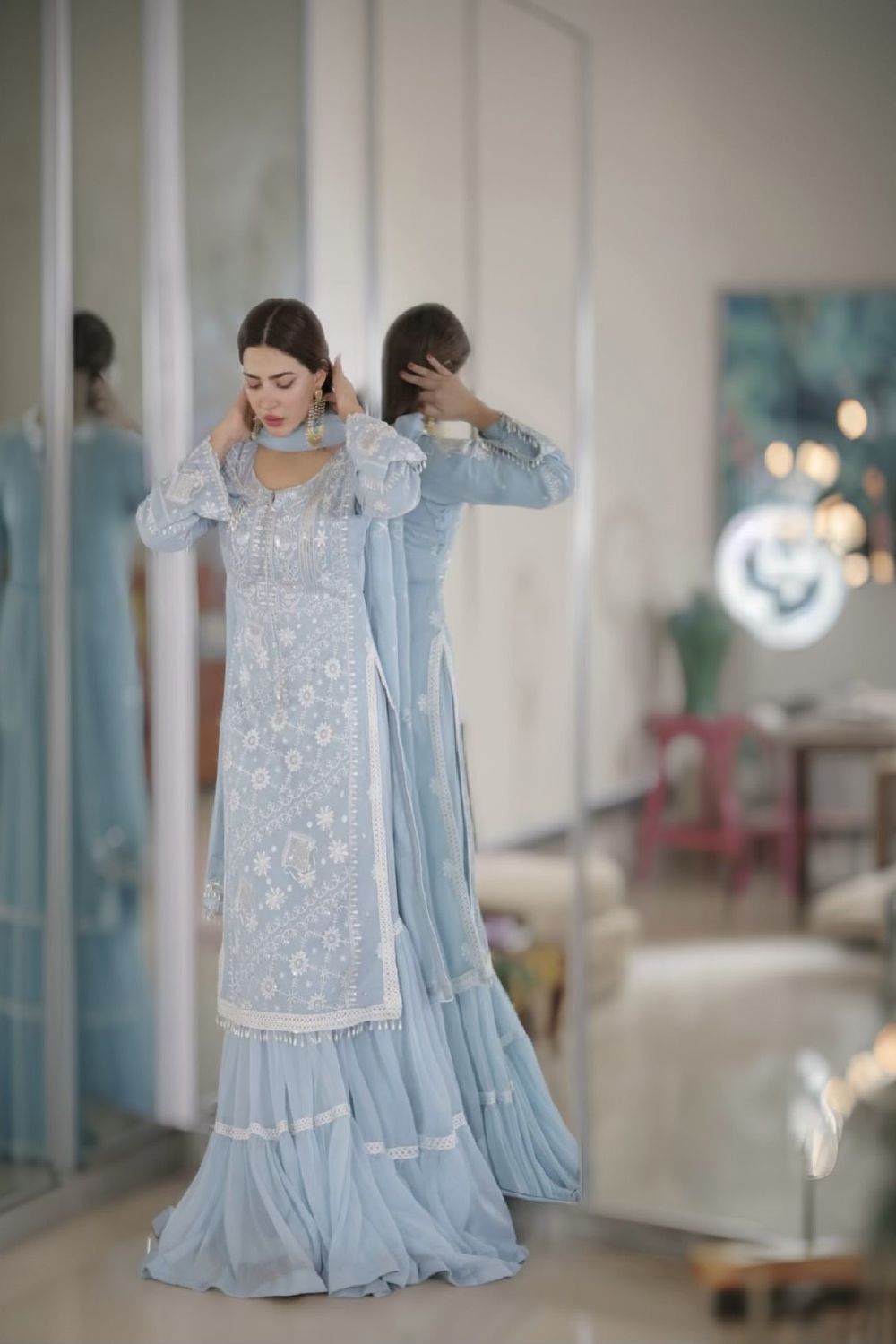 Ice Blue Embroidered Chiffon Gharara Salwar Kameez Online in Dubai UAE Abudhabi Ajman Sharjah