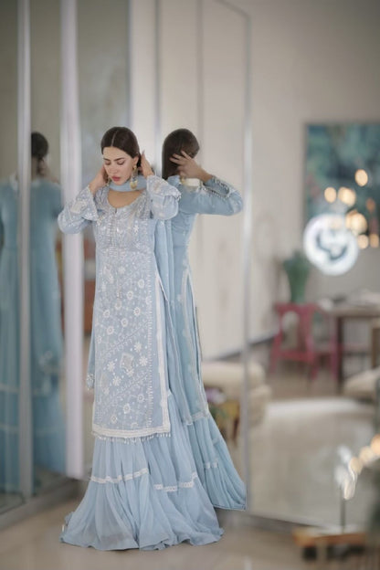 Ice Blue Embroidered Chiffon Gharara Salwar Kameez Online in Dubai UAE Abudhabi Ajman Sharjah