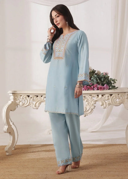 Ice Blue Embroidered Cotton Kurta Suit Online in UK USA Canada