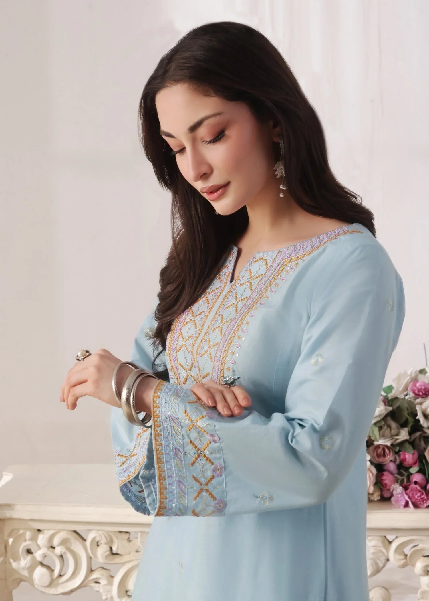 Ice Blue Embroidered Lawn Cotton Festive Wear Online in Dubai DXB UAE Abudhabi Meena Bazaar