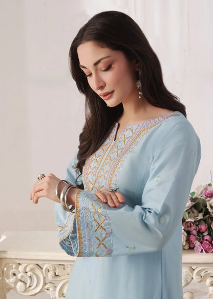 Ice Blue Embroidered Lawn Cotton Festive Wear Online in Dubai DXB UAE Abudhabi Meena Bazaar