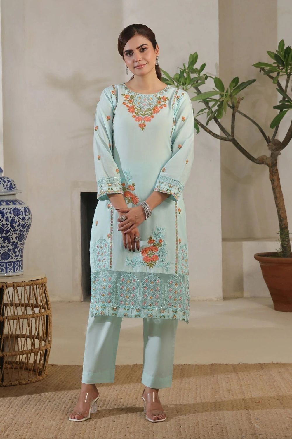 Ice Blue Embroidered Lawn Cotton Kurta Set Online in Dubai UAE Abudhabi Ajman Sharjah