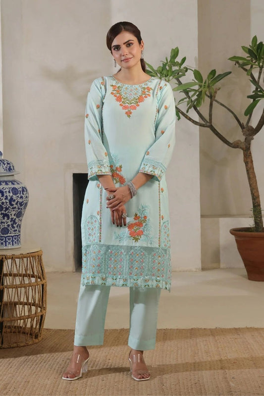 Ice Blue Embroidered Lawn Cotton Kurta Set Online in Dubai UAE Abudhabi Ajman Sharjah