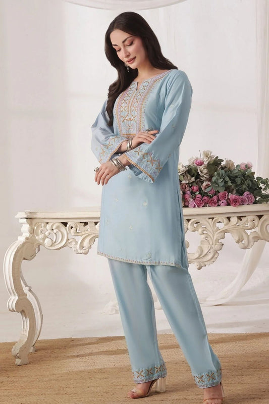 Ice Blue Embroidered Lawn Cotton Kurta Set Online in Dubai UAE Abudhabi Ajman Sharjah