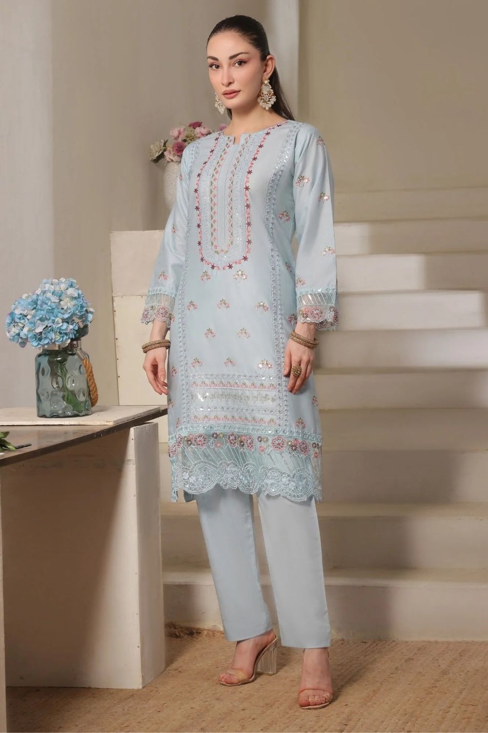 Ice Blue Embroidered Lawn Cotton Party Wear Suit Online in Dubai UAE Abudhabi Ajman Sharjah