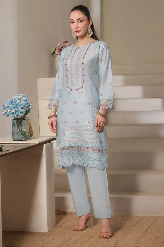 Ice Blue Embroidered Lawn Cotton Party Wear Suit Online in Dubai UAE Abudhabi Ajman Sharjah