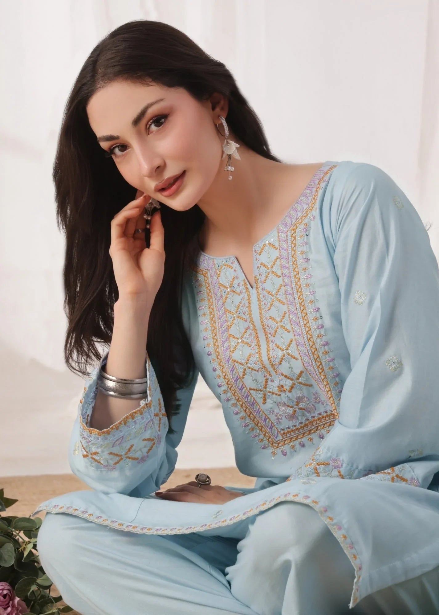 Ice Blue Embroidered Lawn Cotton Party Wear Suit Online in Sri Lanka India Australia