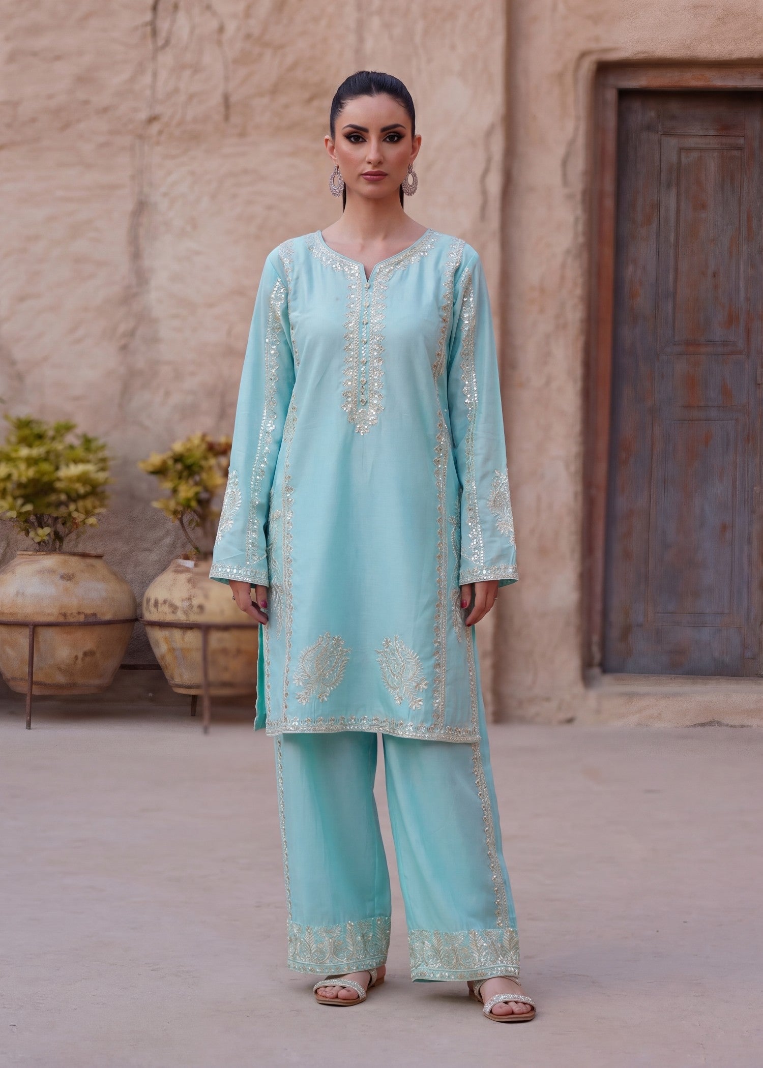 Ice Blue Embroidered Lawn Daily Wear Suit Online in Dubai UAE Abudhabi Ajman Sharjah