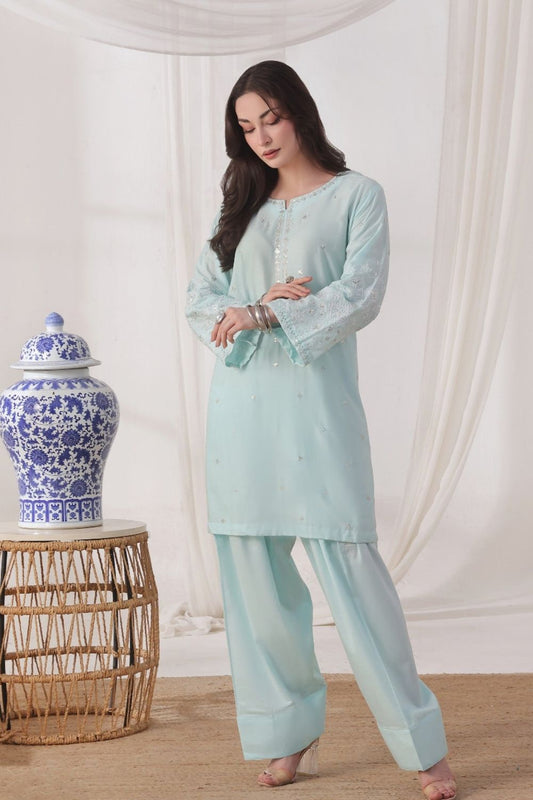 Ice Blue Embroidered Lawn Farshi Shalwar Suit Online in Dubai UAE Abudhabi Ajman Sharjah