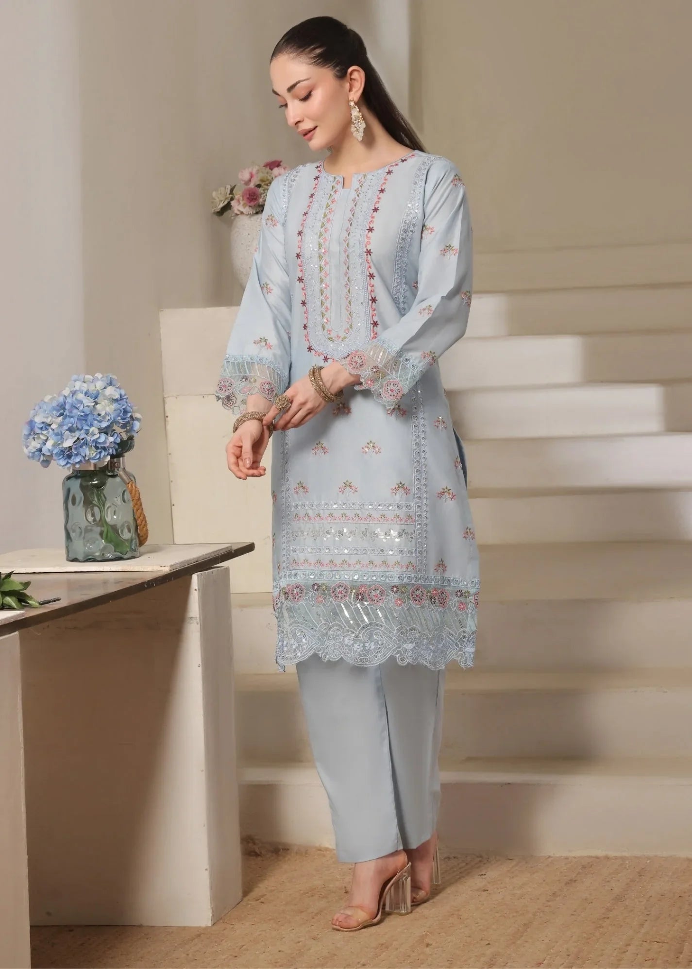 Ice Blue Embroidered Lawn Festive Wear Kurta Set Online in Sri Lanka India Australia