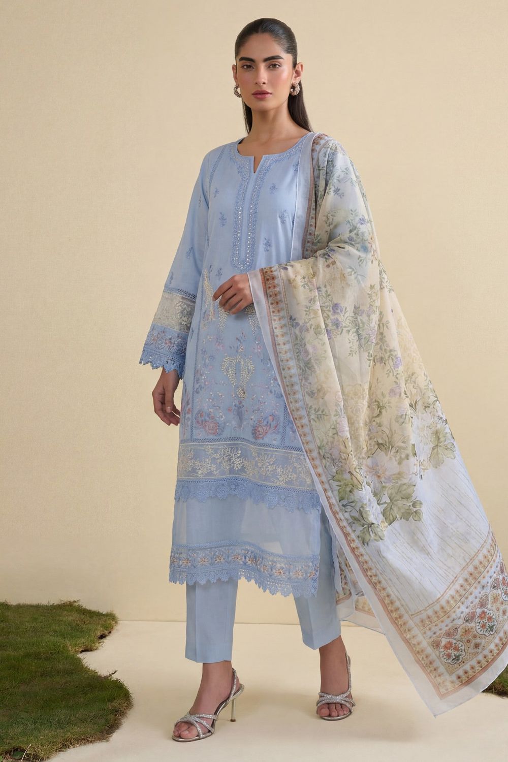 Ice Blue Embroidered Lawn Kurta Set Online in Dubai UAE Abudhabi Ajman Sharjah