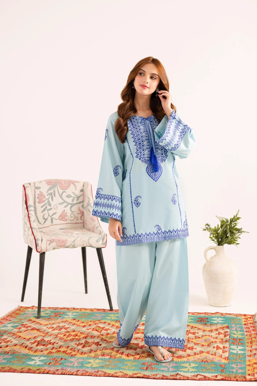 Ice Blue Embroidered Lawn Kurta Set Online in Dubai UAE Abudhabi Ajman Sharjah