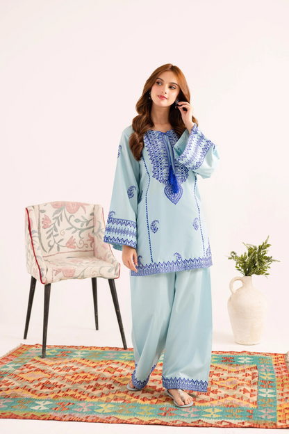 Ice Blue Embroidered Lawn Kurta Set Online in Dubai UAE Abudhabi Ajman Sharjah