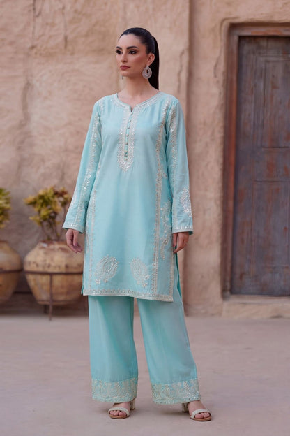 Ice Blue Embroidered Lawn Kurta Set Online in Dubai UAE Abudhabi Ajman Sharjah