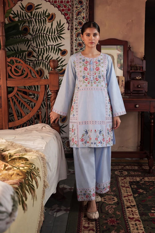 Ice Blue Embroidered Lawn Straight Cut Kurta Online in Dubai UAE Abudhabi Ajman Sharjah