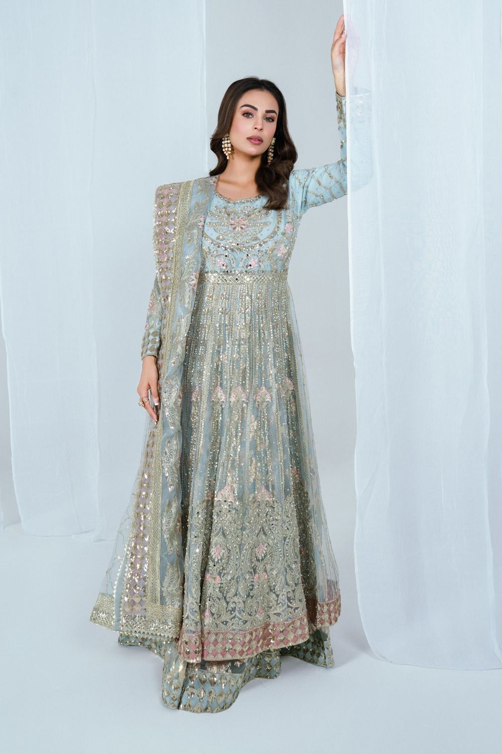 Ice Blue Embroidered Net Festive Maxi Gown Online in Dubai UAE Abudhabi Ajman Sharjah
