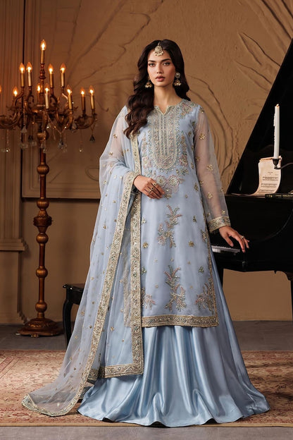 Ice Blue Embroidered Net Sharara Suit Online in Dubai UAE Abudhabi Ajman Sharjah