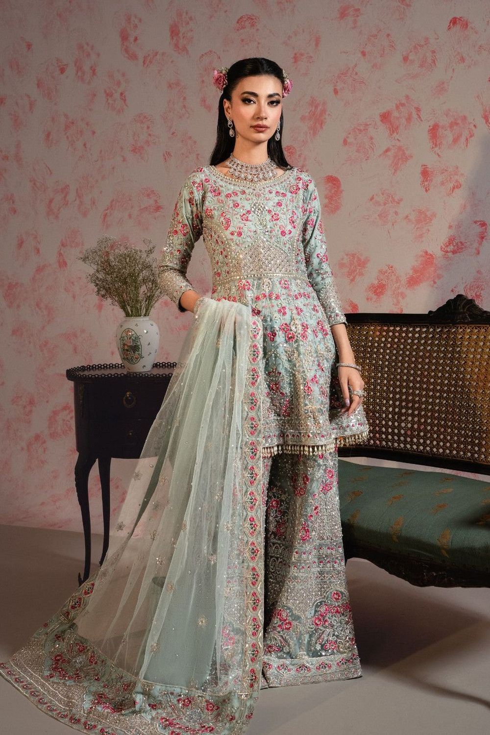 Ice Blue Embroidered Net Wedding Guest Suit Online in Dubai UAE Abudhabi Ajman Sharjah