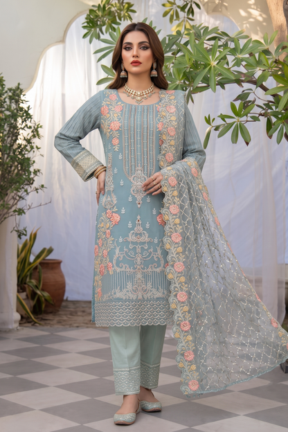 Ice Blue Embroidered Organza Partywear Suit Online in Dubai UAE Abudhabi Ajman Sharjah