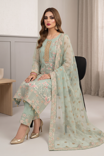 Ice Blue Embroidered Organza Partywear Suit Online in Dubai UAE Abudhabi Ajman Sharjah