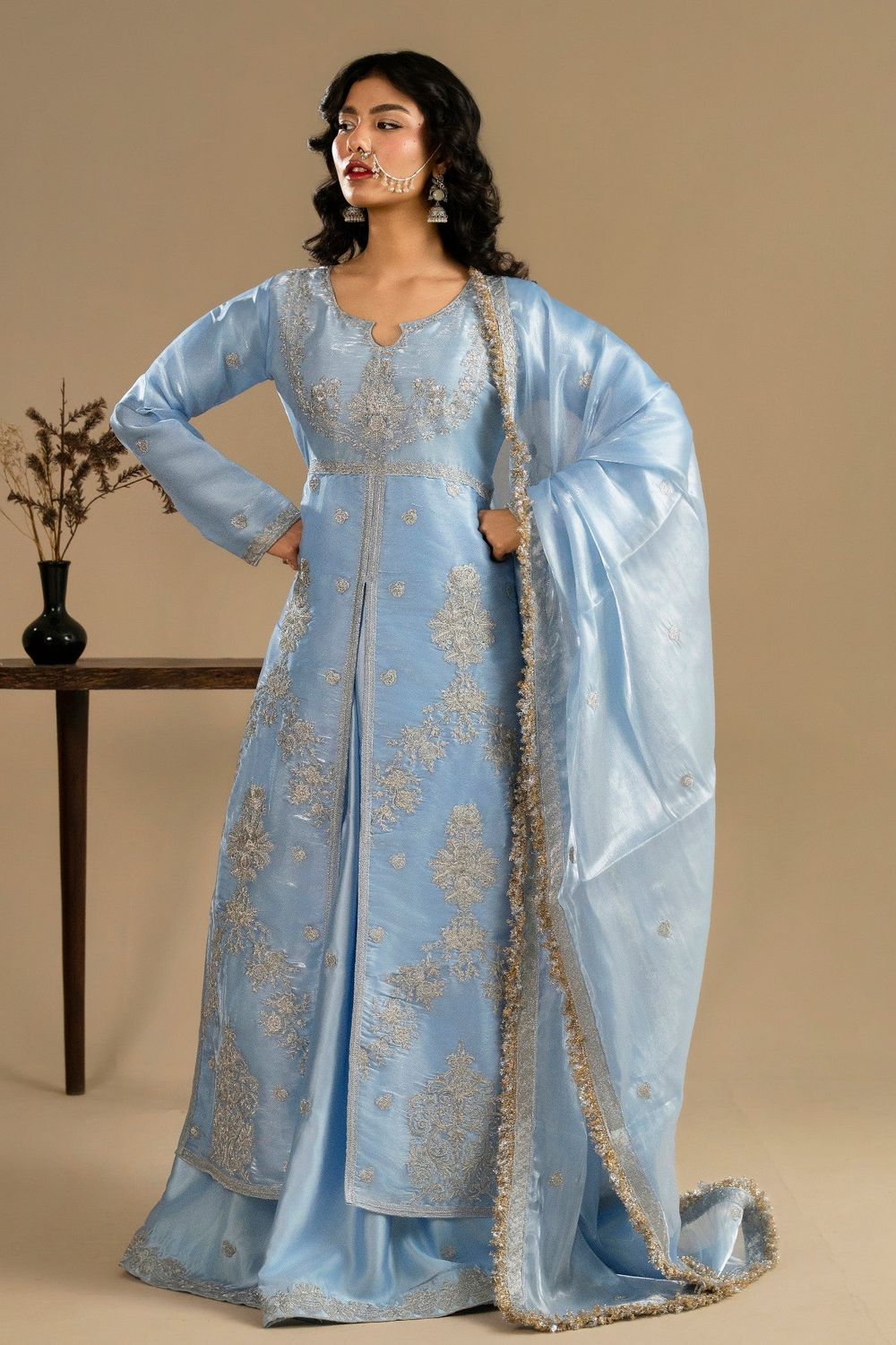 Ice Blue Embroidered Tissue Silk Sharara Set Online in Dubai UAE Abudhabi Ajman Sharjah