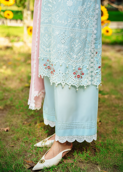 Ice Blue Eyelet Lawn Festive Dress Material Online in Sri Lanka India Australia