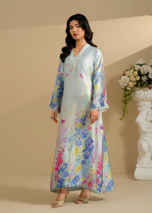 Ice Blue Floral Print Silk Salwar Kameez Online in KSA Riyadh Saudi Arabia Oman Bahrain Qatar