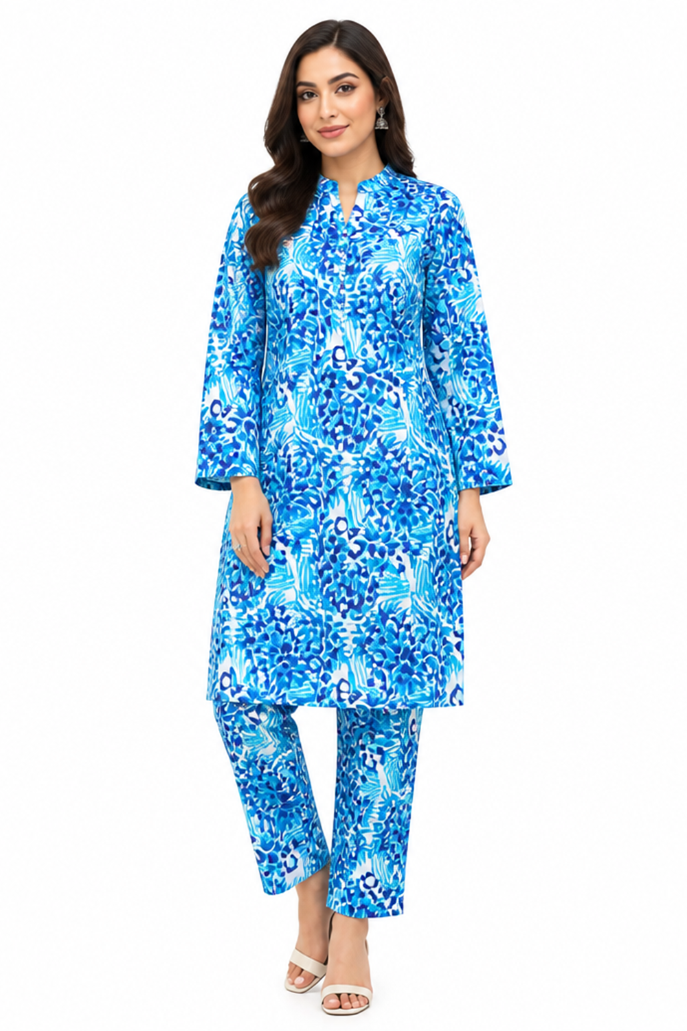 Ice Blue Geometric Floral Printed Lawn Suit Online in Dubai UAE Abudhabi Ajman Sharjah