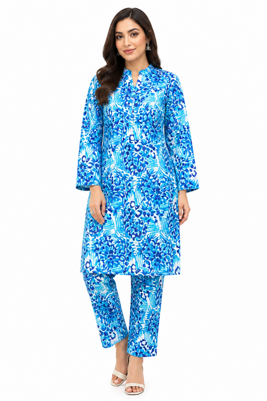 Ice Blue Geometric Floral Printed Lawn Suit Online in Dubai UAE Abudhabi Ajman Sharjah