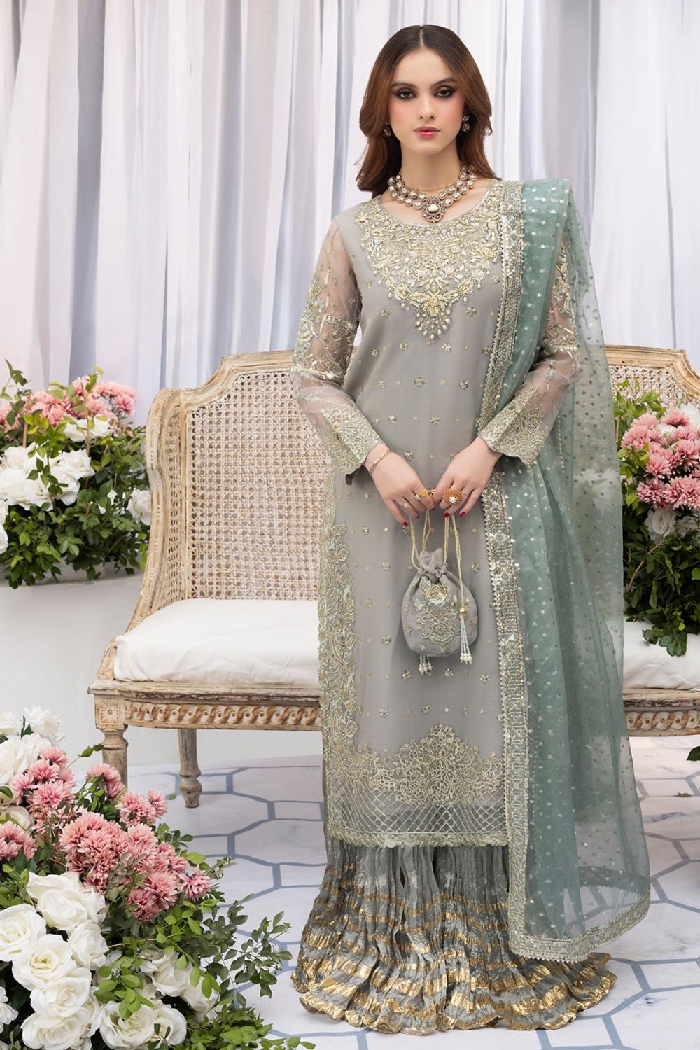 Ice Blue Hand Embellished Organza Sharara Online in Dubai UAE Abudhabi Ajman Sharjah
