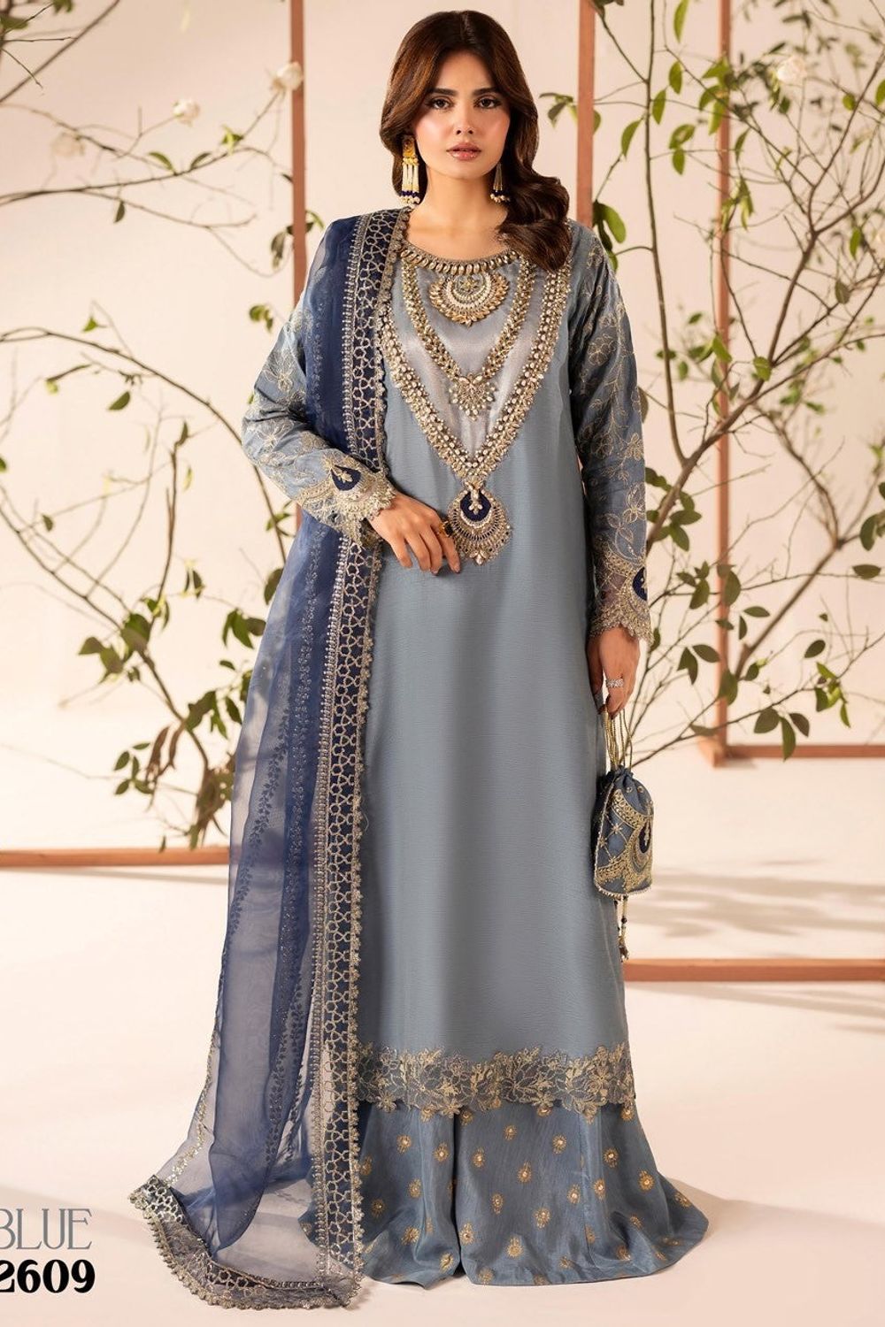 Ice Blue Hand Embellished Raw Silk Sharara Suit Online in Dubai UAE Abudhabi Ajman Sharjah