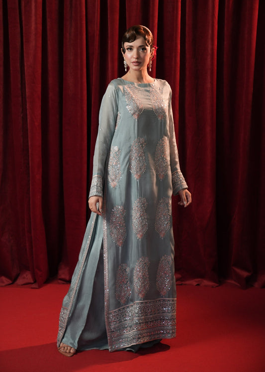 Ice Blue Hand Embroidered Silk Pakistani Wedding Suit Online in Sri Lanka India Australia