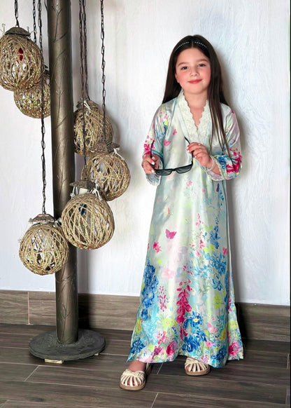 Ice Blue Printed Silk Kaftan Online in Dubai DXB UAE Abudhabi Meena Bazaar