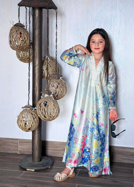 Ice Blue Printed Silk Kaftan Online in Dubai DXB UAE Abudhabi Meena Bazaar