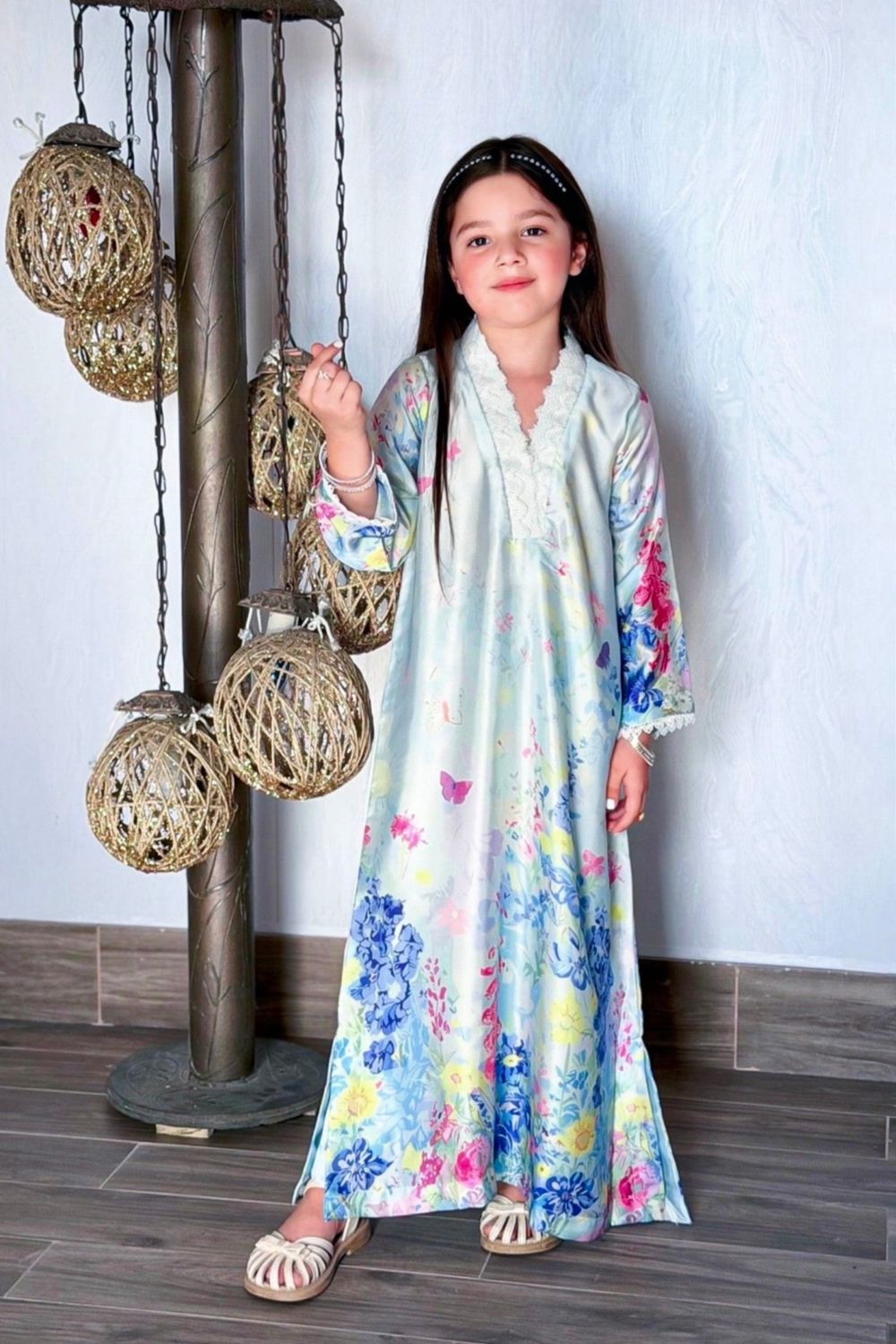 Ice Blue Printed Silk Kaftan Online in Dubai UAE Abudhabi Ajman Sharjah