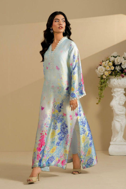 Ice Blue Printed Silk Partywear Suit Online in Dubai UAE Abudhabi Ajman Sharjah