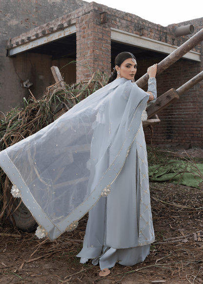 Ice Blue Raw Silk Long Kurta with Flapper Pants Online in Dubai DXB UAE Abudhabi Meena Bazaar