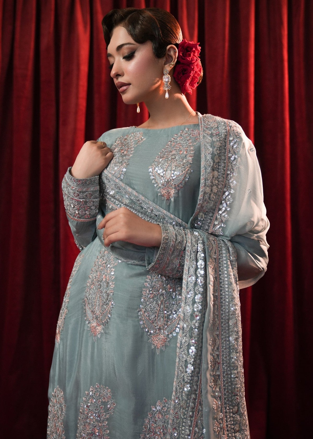 Ice Blue Silk Embellished Pakistani Clothes for Mehndi Online in Dubai DXB UAE Abudhabi Meena Bazaar