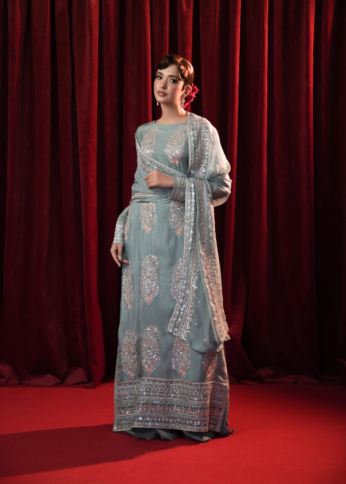 Ice Blue Silk Embroidered Sharara Set with Sequin Work Online in Dubai UAE Abudhabi Ajman Sharjah