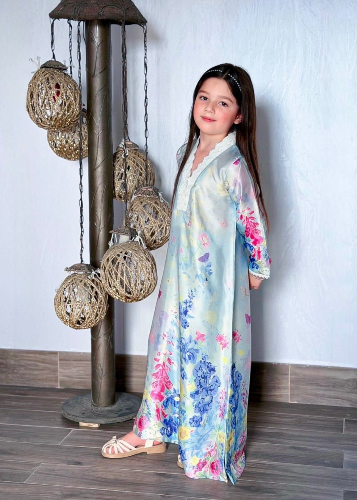 Ice Blue Silk Kaftan with Floral Prints Online in Sri Lanka India Australia