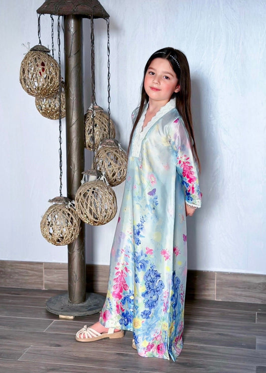 Ice Blue Silk Kaftan with Floral Prints Online in Sri Lanka India Australia