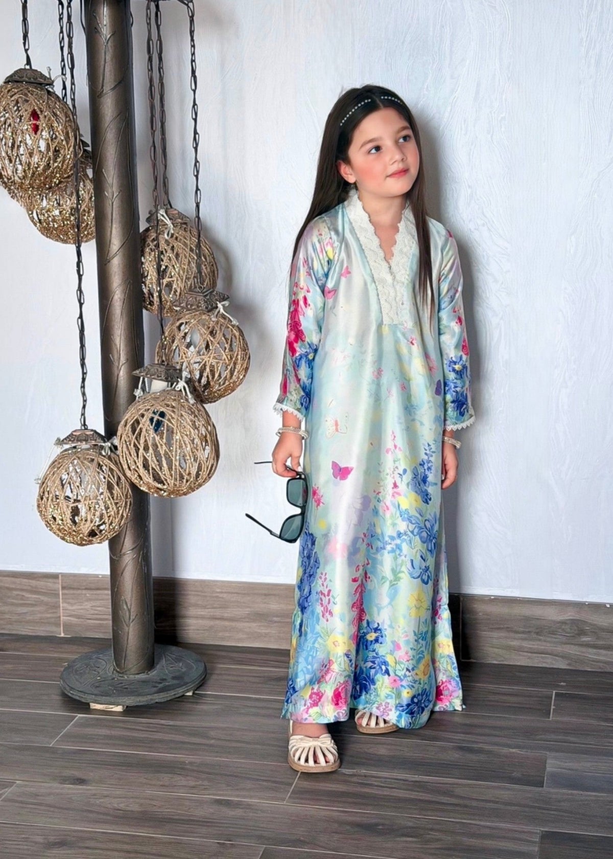 Ice Blue Silk Kaftan with Floral Prints Online in Sri Lanka India Australia
