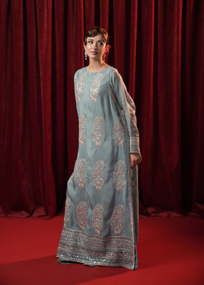 Ice Blue Silk Sharara Suit with Ornate Hem Border Online in Dubai UAE Abudhabi Ajman Sharjah