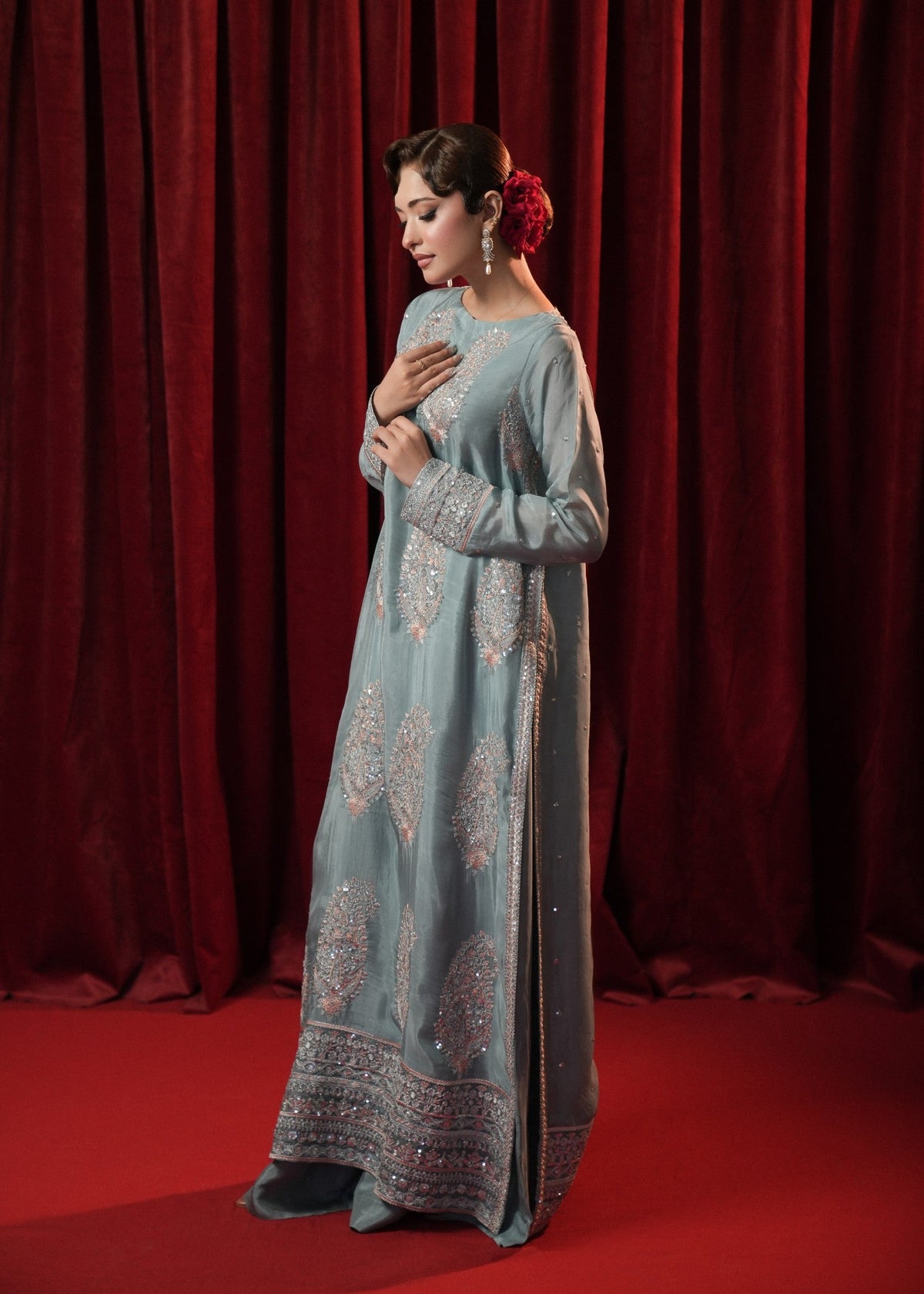 Ice Blue Silver Tilla Embroidered Silk Churidar Suit Online in Sri Lanka India Australia